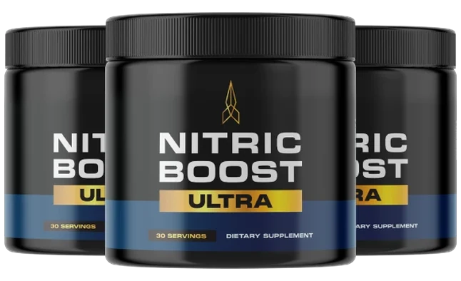 Three black Nitric Boost powder jars with blue and gold labels