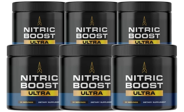 Six black Nitric Boost powder jars stacked in two rows