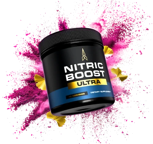 Nitric Boost powder jar with a black lid and a blue and gold label above a burst of pink powder and ginkgo leaves
